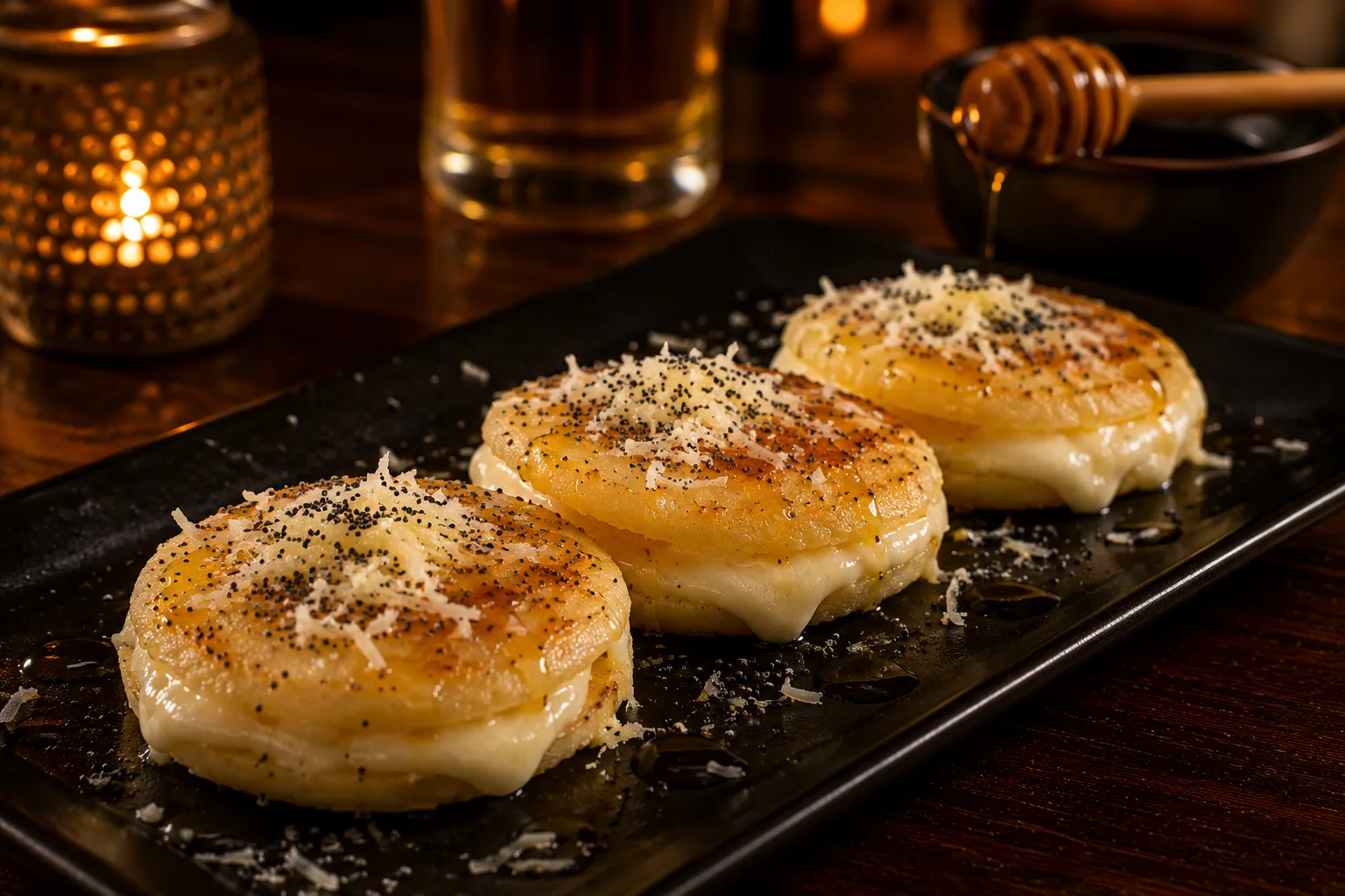 Arepitas rellenas de mozzarella, topping de queso rallado, semillas de amapola y un toque de miel
