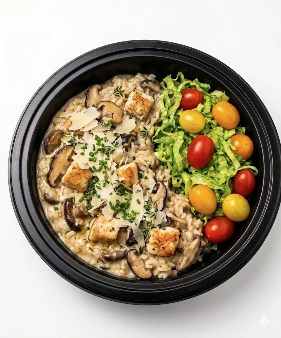 Risotto Fit de Arroz Integral con Pollo y champiñones 480–550 kcal | Proteína: 35–40 g | Carbohidratos: 45–55 g | Grasas: 12–18 g