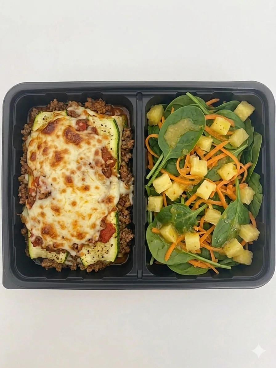 Lasaña Fit de Zucchini con Carne + Ensalada Tropical 400–480 kcal | Proteína: 32–38 g | Carbohidratos: 18–25 g | Grasas: 18–22 g