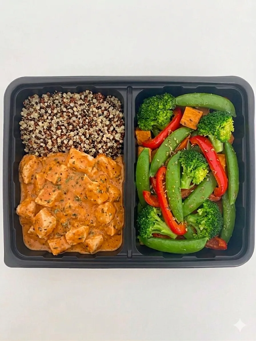 Butter Chicken  (India) Fit con Quinua Tricolor y Mix de Verduras 480–560 kcal | Proteína: 35–42 g | Carbohidratos: 40–50 g | Grasas: 15–20 g