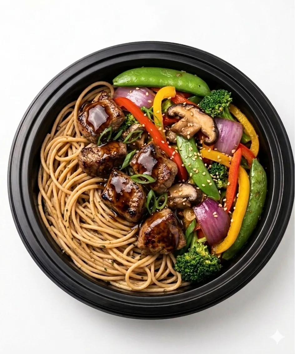 Espagueti Integral Fit estilo Japonés con Carne y Vegetales 500–580 kcal | Proteína: 32–38 g | Carbohidratos: 55–65 g | Grasas: 12–18 g