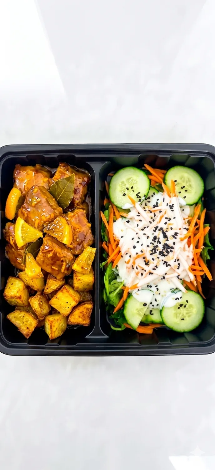 Cerdo Cítrico al Laurel con Papas Rústicas y Ensalada Cremosa 520–620 kcal | Proteína: 35–40 g | Carbohidratos: 45–55 g | Grasas: 20–28 g
