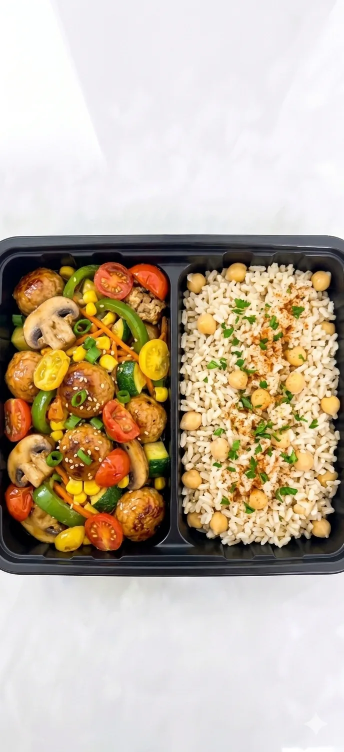 Hackfleischbällchen Fit con Arroz Integral & Garbanzo y Vegetales Salteados 500–580 kcal | Proteína: 35–42 g | Carbohidratos: 50–60 g | Grasas: 15–22 g