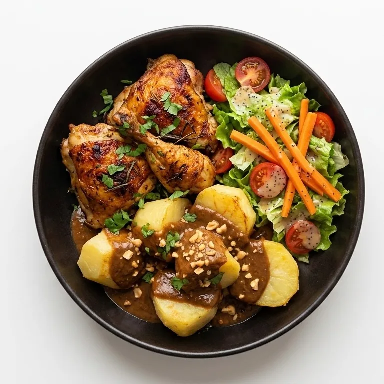 Pollo Andino en Salsa de Maní con Papas Cocidas y Ensalada Fresca 520–600 kcal | Proteína: 35–42 g | Carbohidratos: 45–55 g | Grasas: 18–25 g