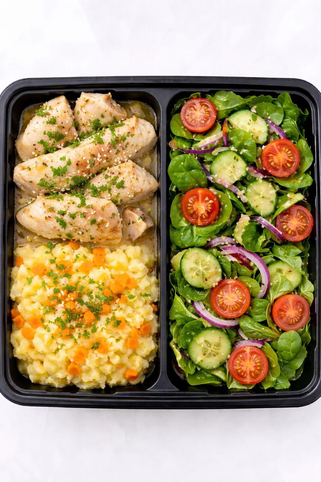 Filete de Pescado en Reducción de Vino con Puré de Papa & Zanahoria y Ensalada Fresca 420–500 kcal | Proteína: 32–38 g | Carbohidratos: 40–50 g | Grasas: 10–15 g