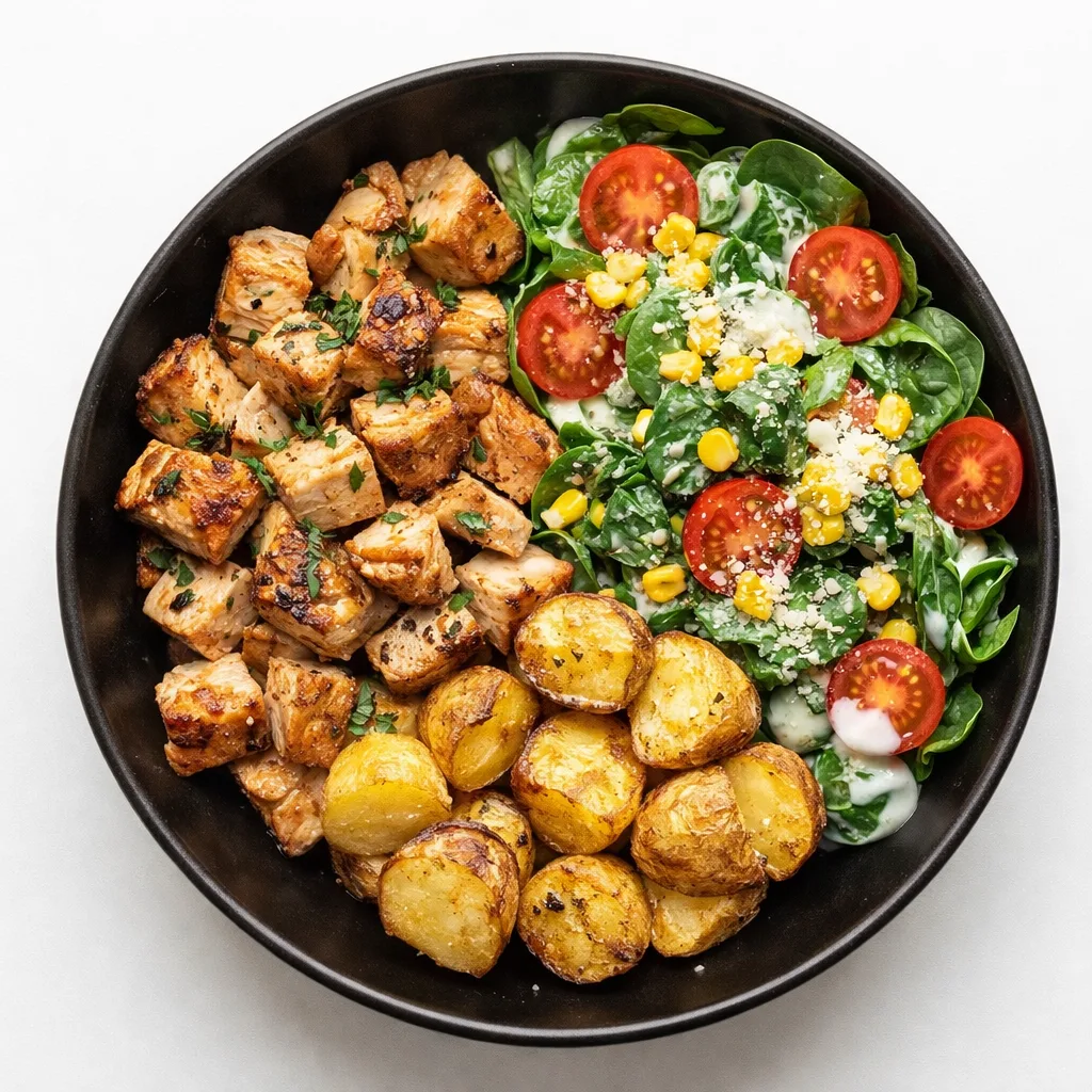 Chicken Power Bowl con Papas Rústicas y Ensalada de Espinaca al Yogur 500–580 kcal | Proteína: 38–45 g | Carbohidratos: 40–50 g | Grasas: 18–24 g